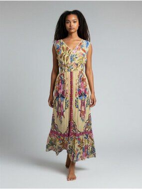 Me 2 Magic Yellow Floral Maxi Dress M Smocked Boho Cottagecore Anthropologie
